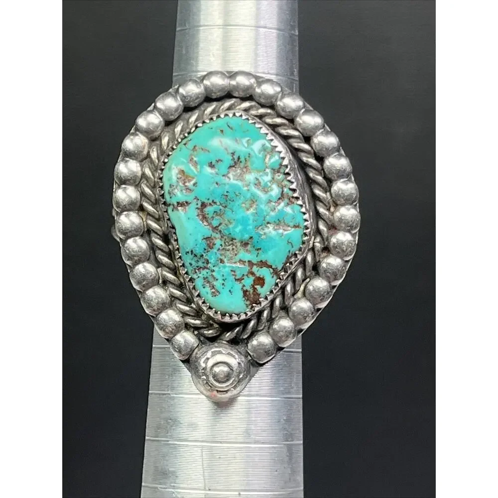 Sterling Ring 925 Turquoise Ring Size 8 Navajo Inspired Signed RL Vintage Chunky